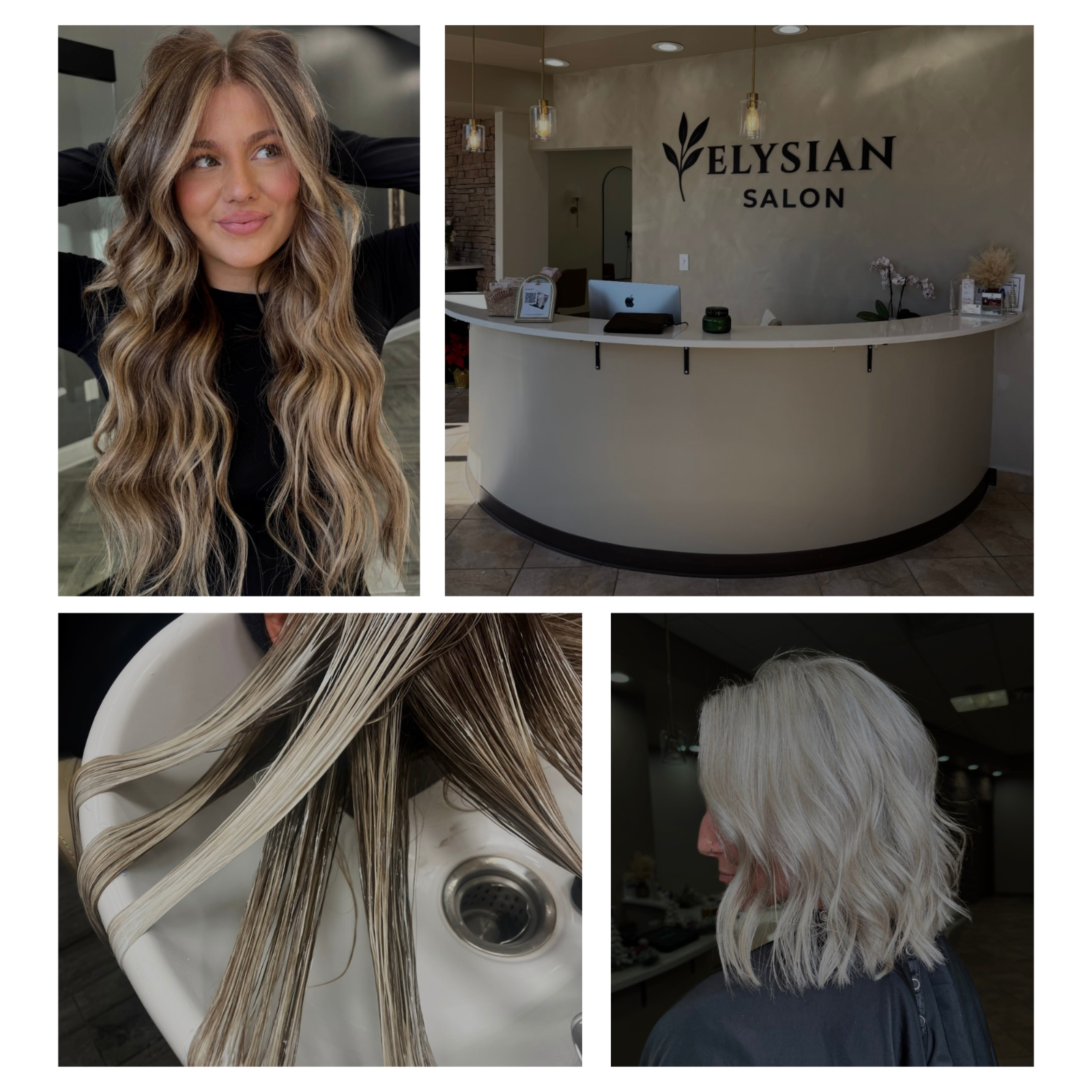 Four-image collage showing blonde balayage, salon interior, toning service and platinum blonde bob.