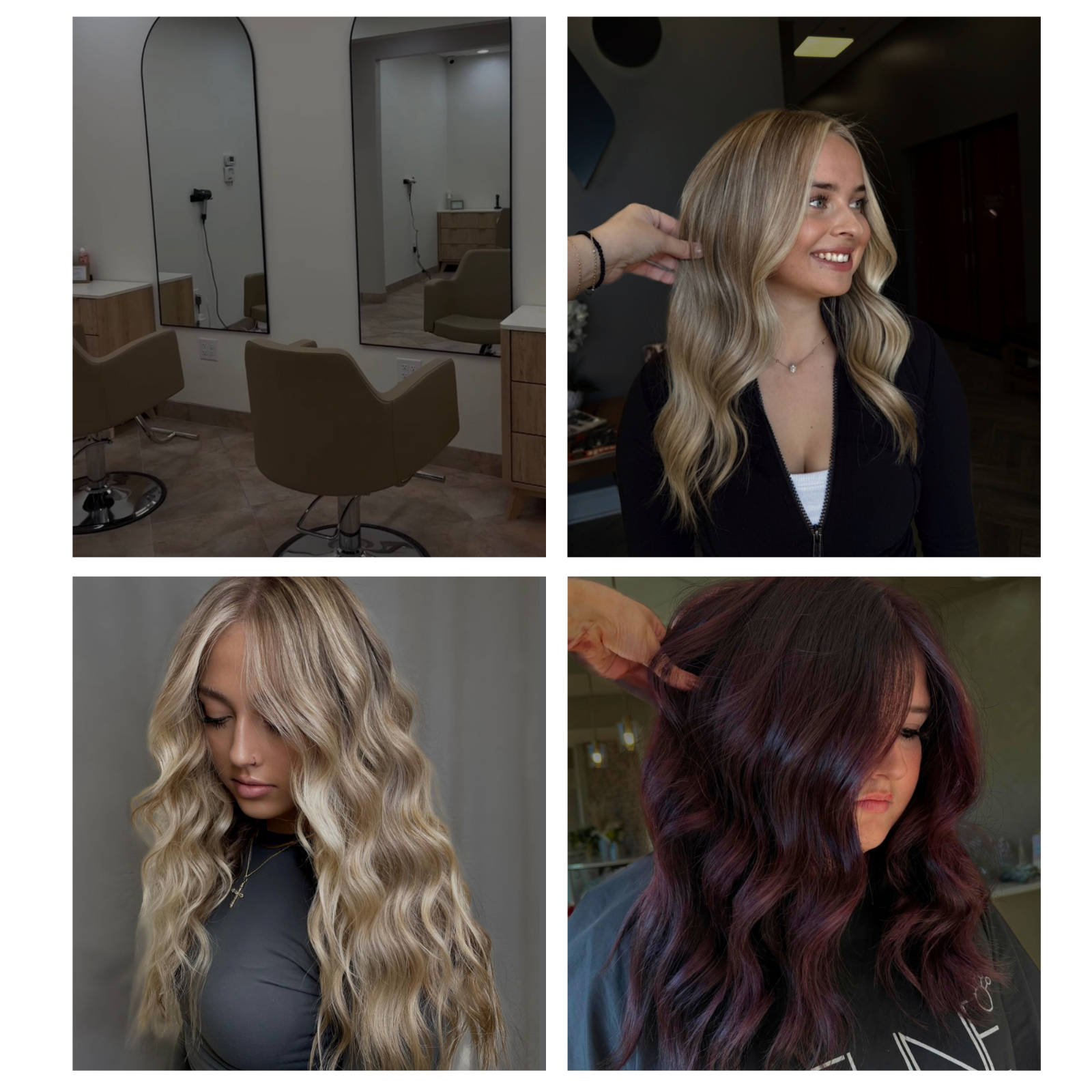 Four-image collage featuring salon chairs and interior, lived-in blonde styles and a copper hair transformation.