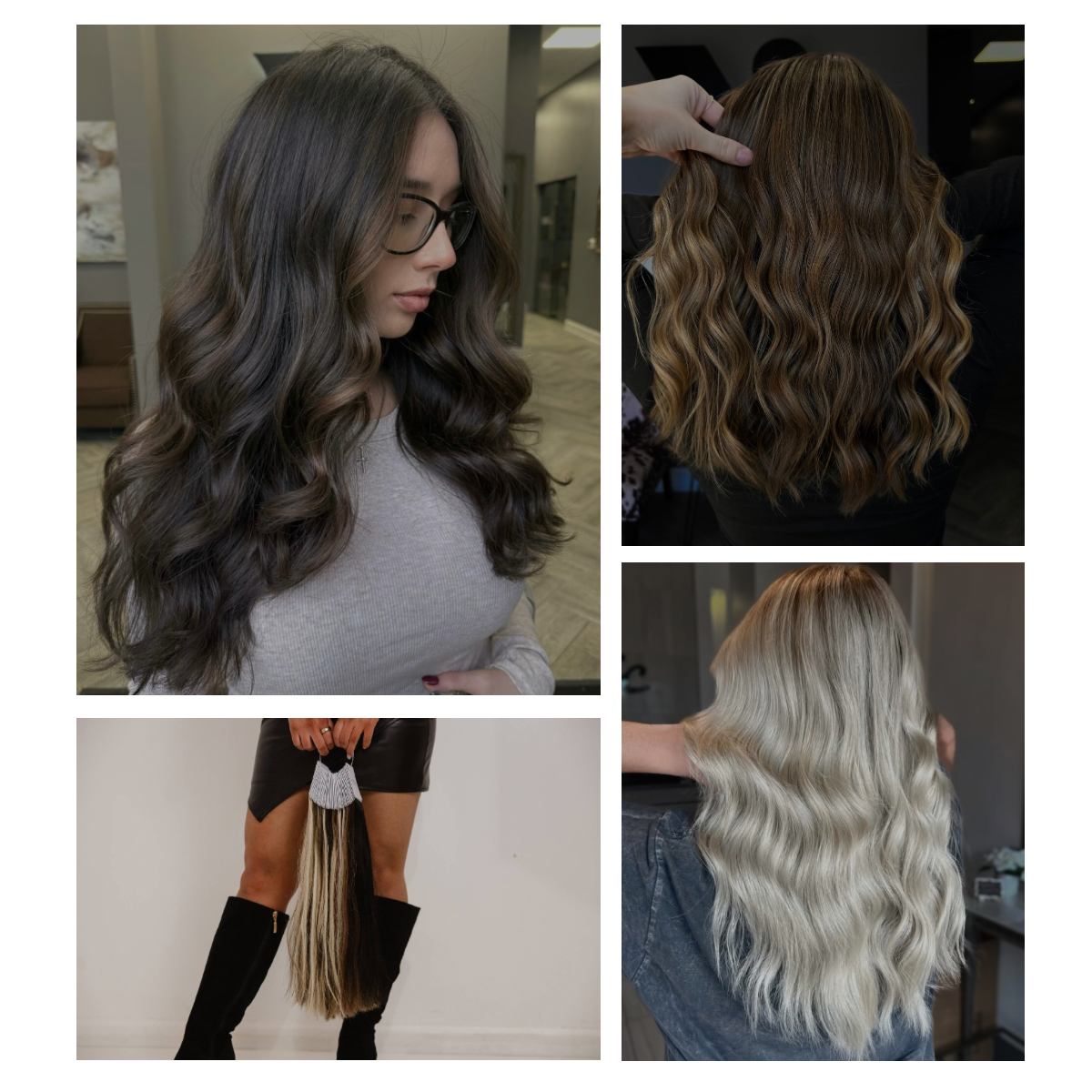 Four-image collage, featuring a rich brunette, dimensional brunette, hand-tied extensions and a platinum blonde.