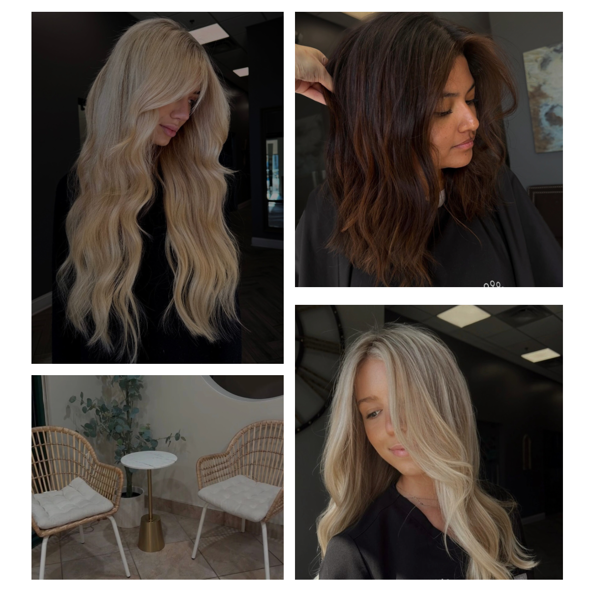 Collage displaying blonde extensions, dimensional brunette hair, and salon interior at Elysian Salon.