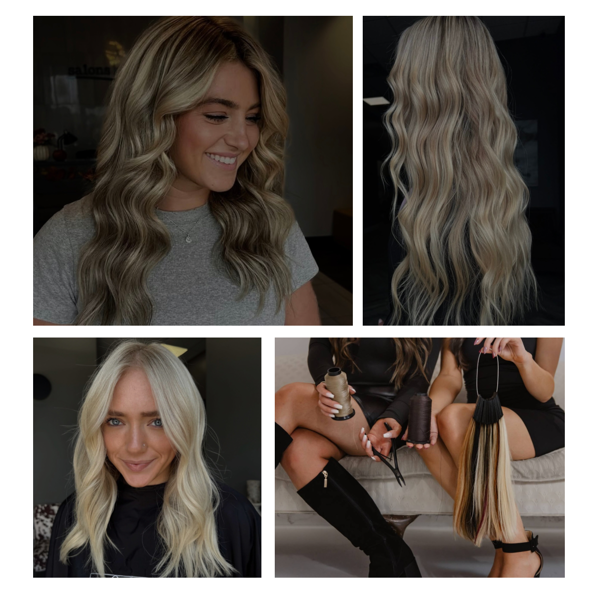 Four-image collage featuring a lived-in blonde, blonde extensions, platinum blonde and a photo of hand-tied extensions at Elsyian Salon.