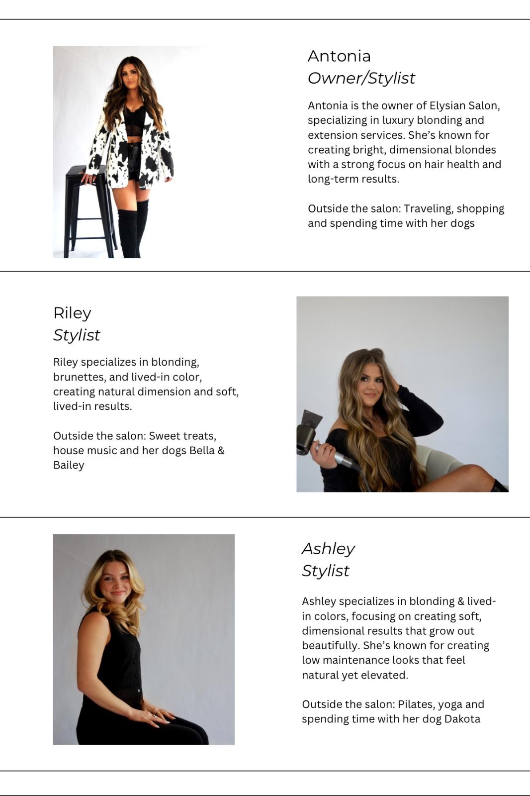 Image featuring owner and stylist Antonia, stylist Christina, stylist Riley, stylist Jessica, Assistant Stylist Grace, and Assistant Stylist Caylie